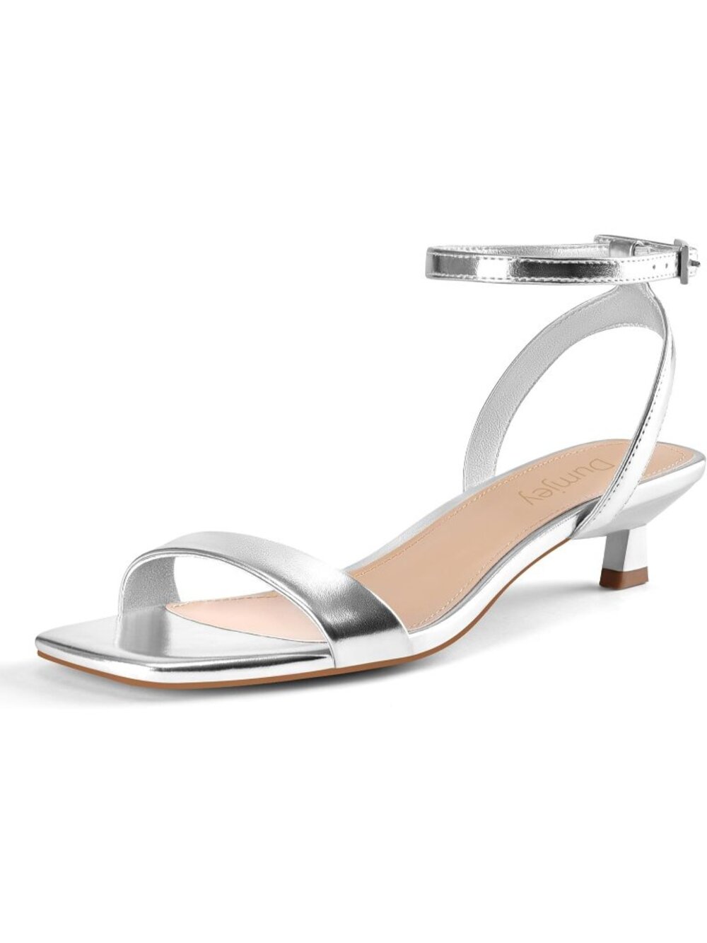 Women's Silver Faux Leather Square Open Toe Ankle Strap Kitten Heeled Sandals